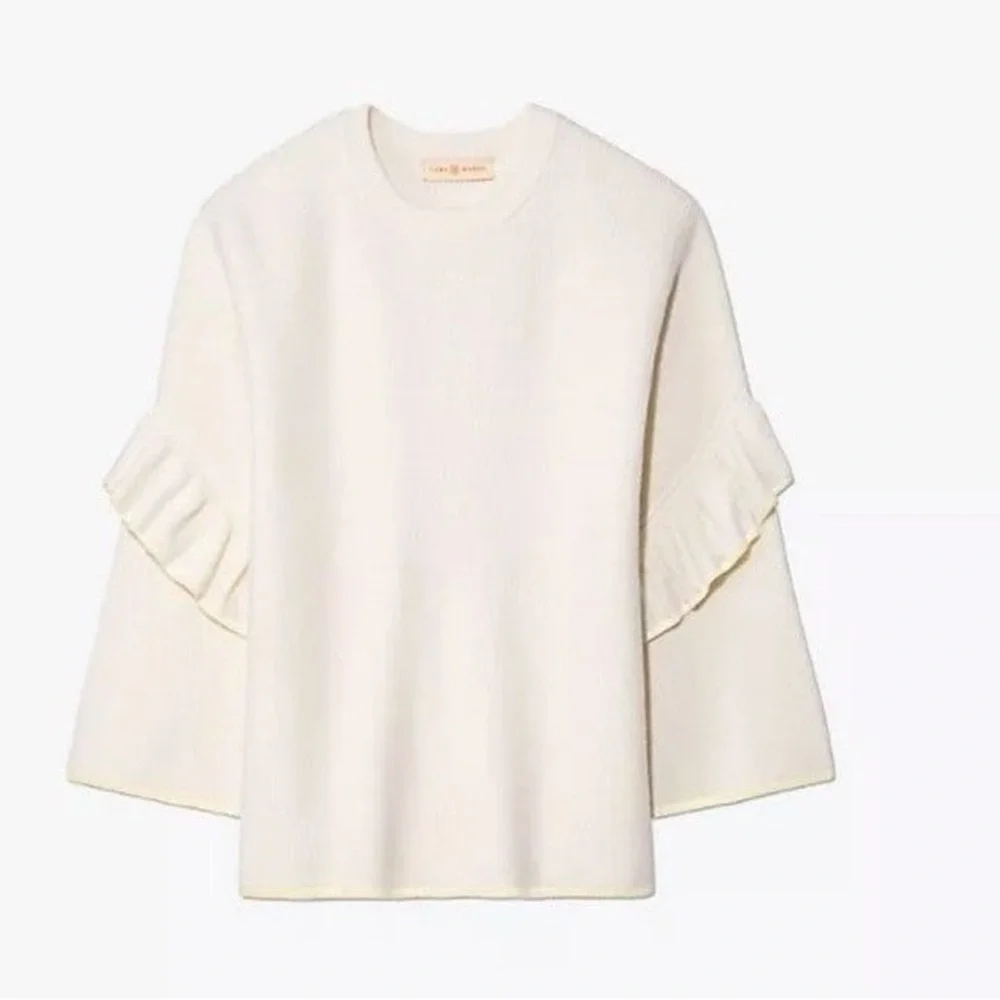 Tory Burch Ashley ruffle bell sleeve merino wool sweater M feminine flirty ivory